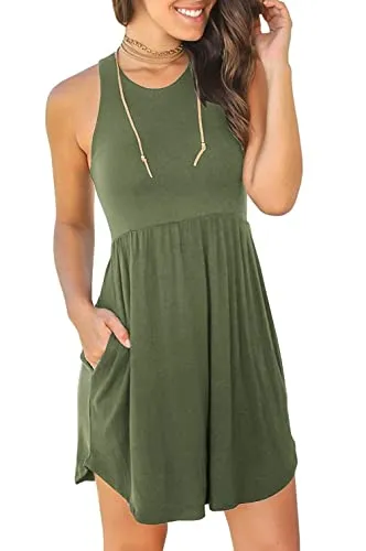 Unbranded* Women'S Sleeveless Loose Plain Dresses Casual Short Dress With Pockets Medium, 07 Army Green