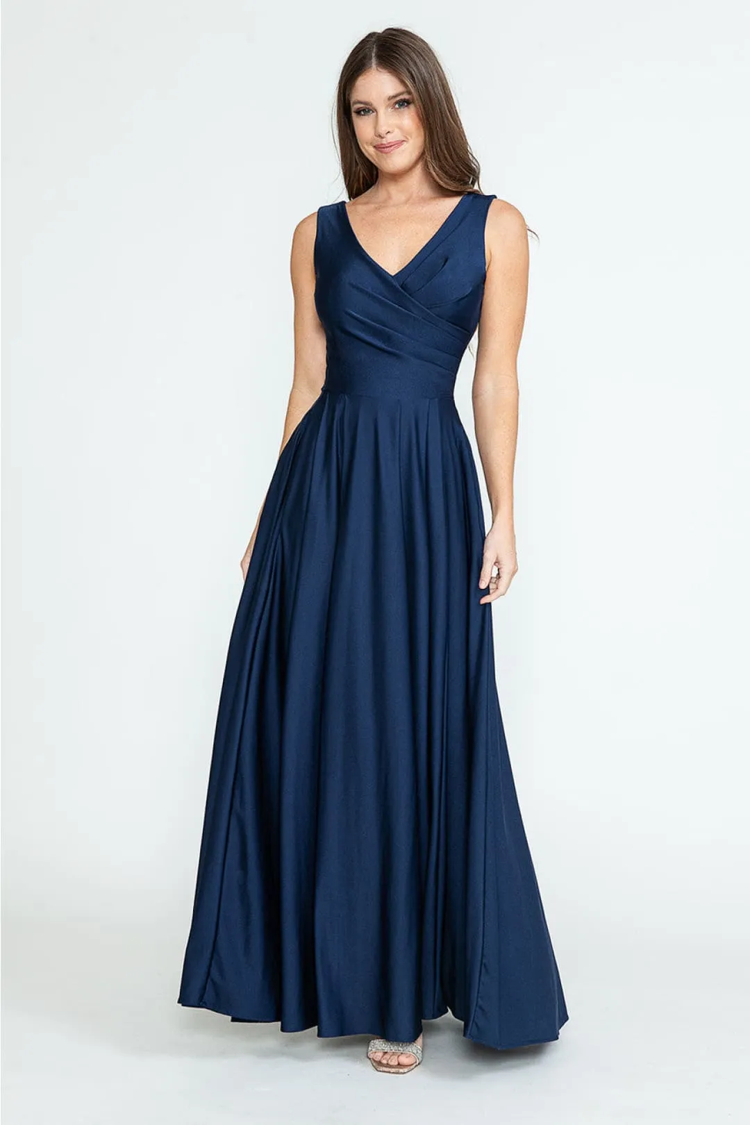 V-neck Long Bridesmaids Simple Flowy Gown by Lenovia 5242C