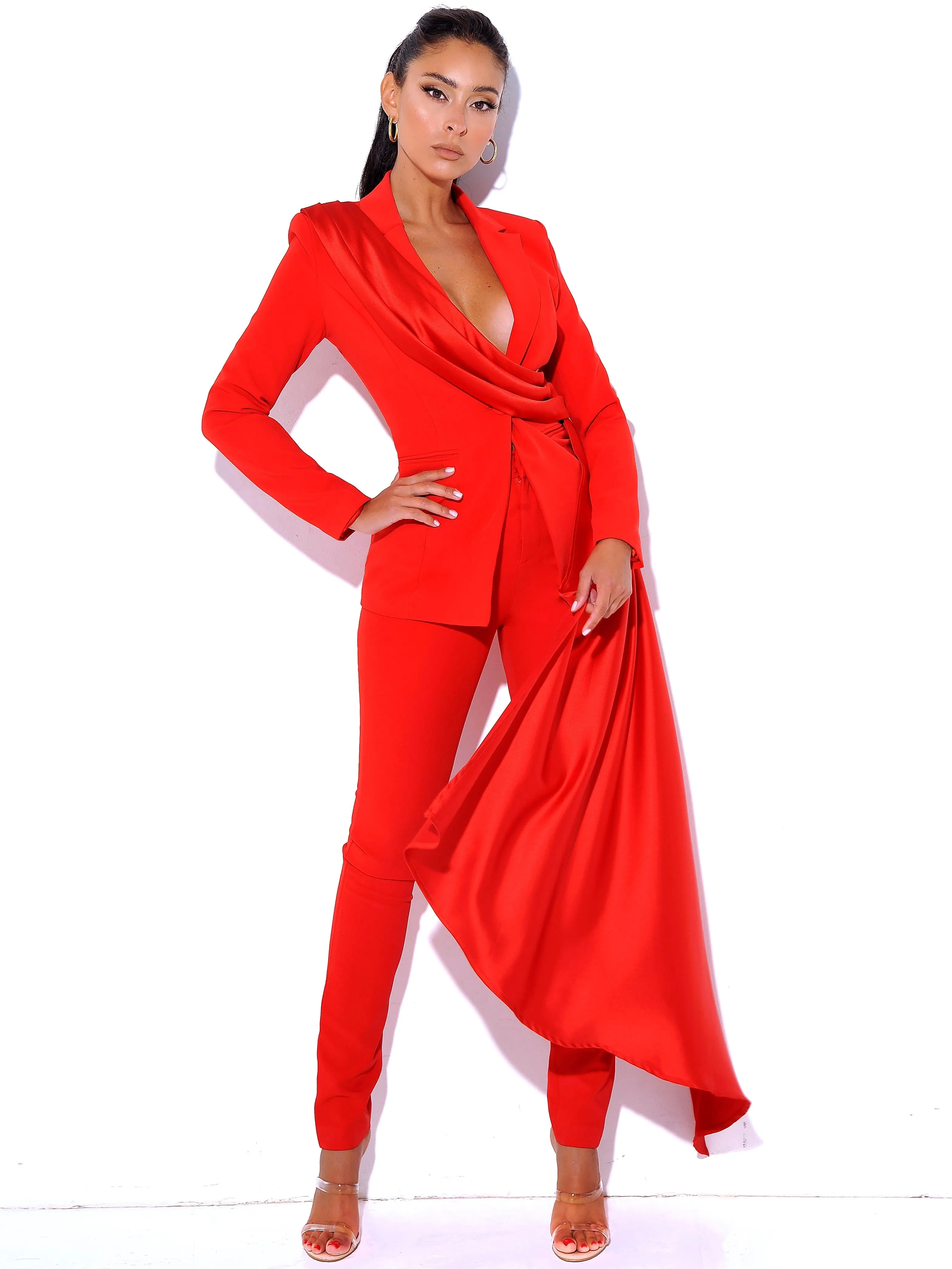 Vandra Red Stylish Draping Blazer Jacket