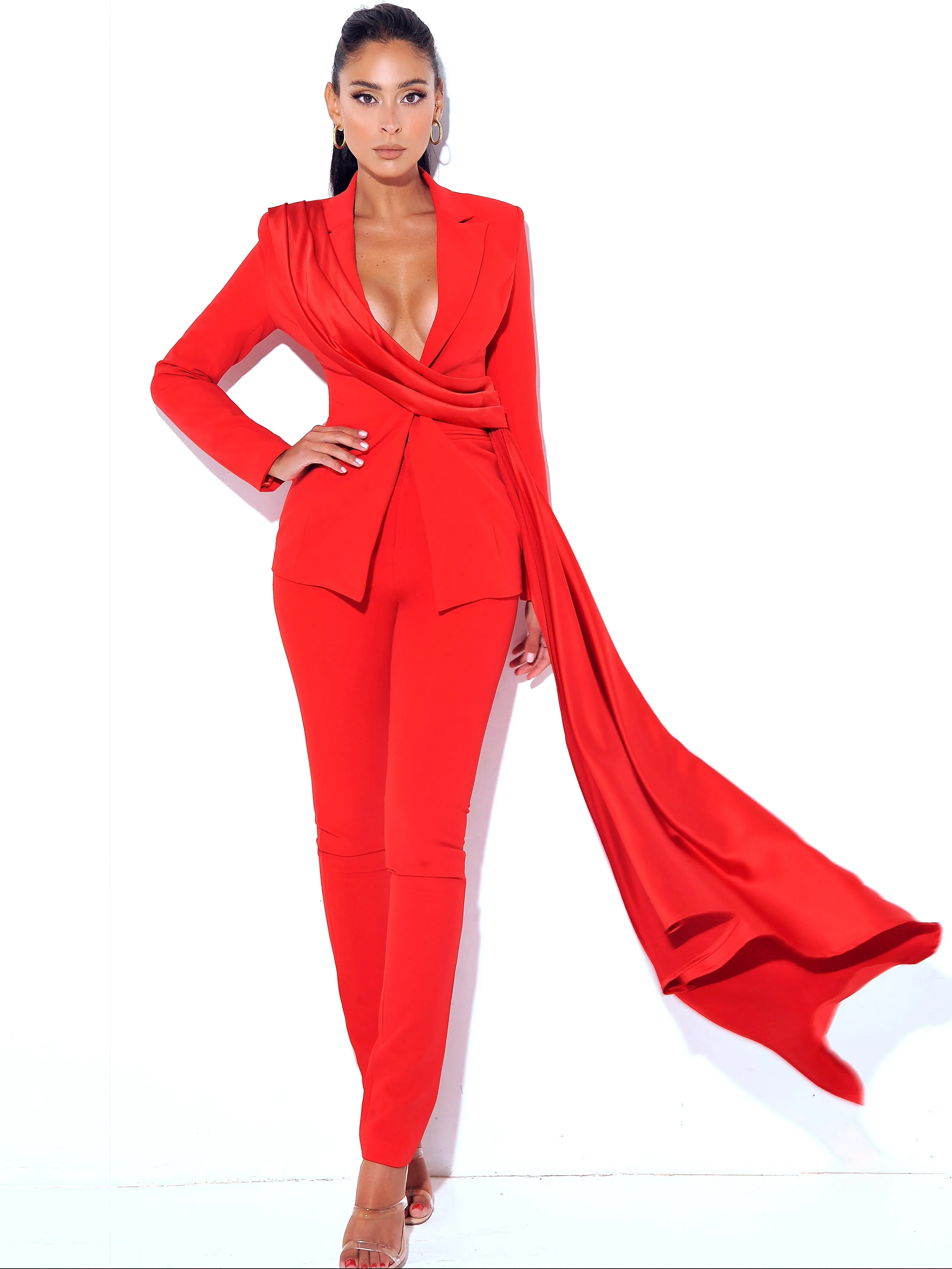 Vandra Red Stylish Draping Blazer Jacket