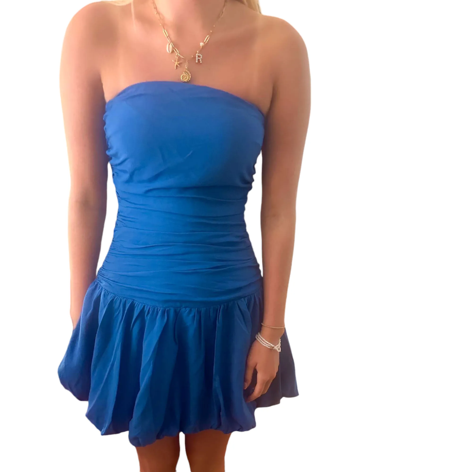 Vibrant Celeste Blue Strapless Bubble Mini Dress