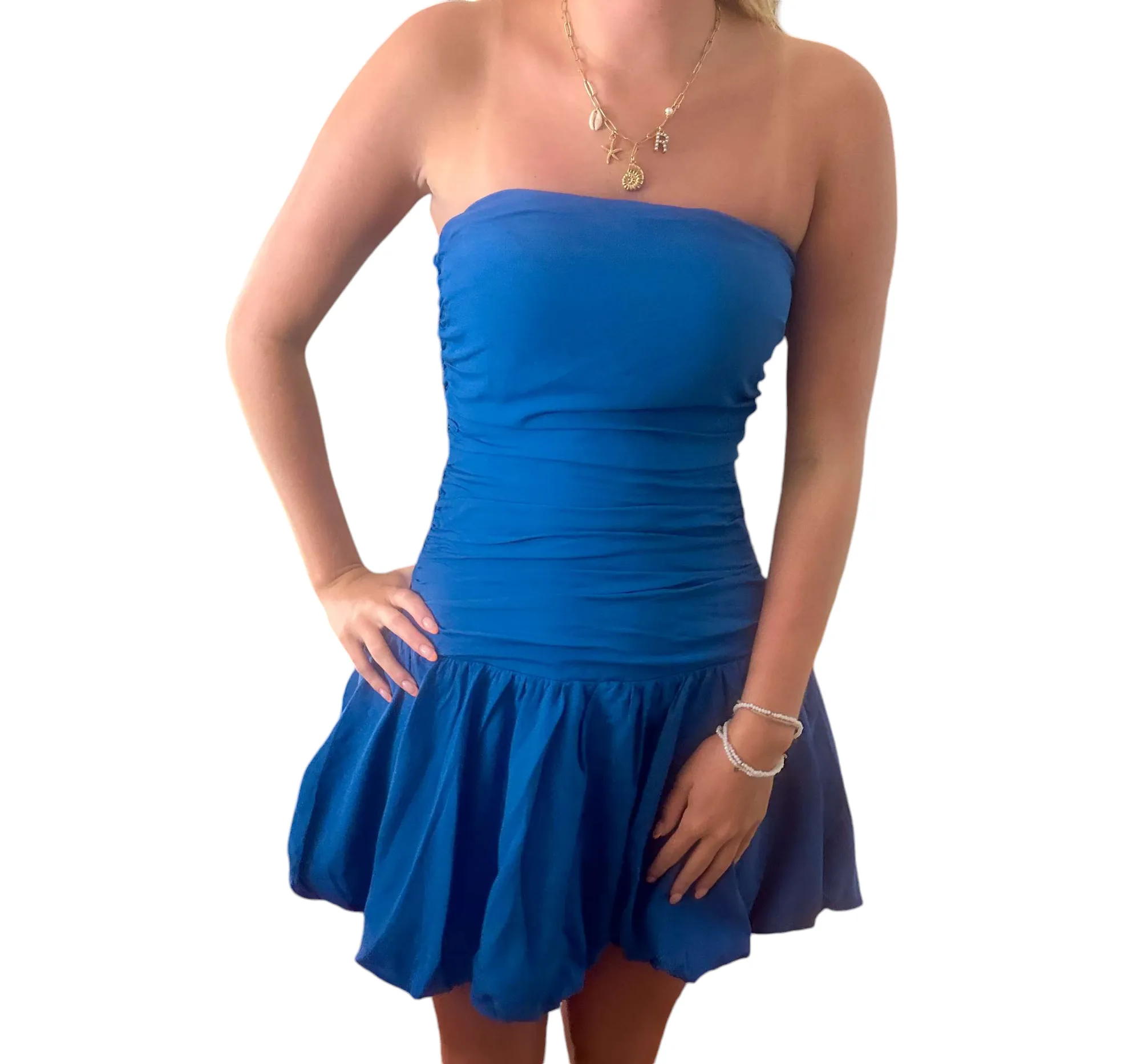Vibrant Celeste Blue Strapless Bubble Mini Dress