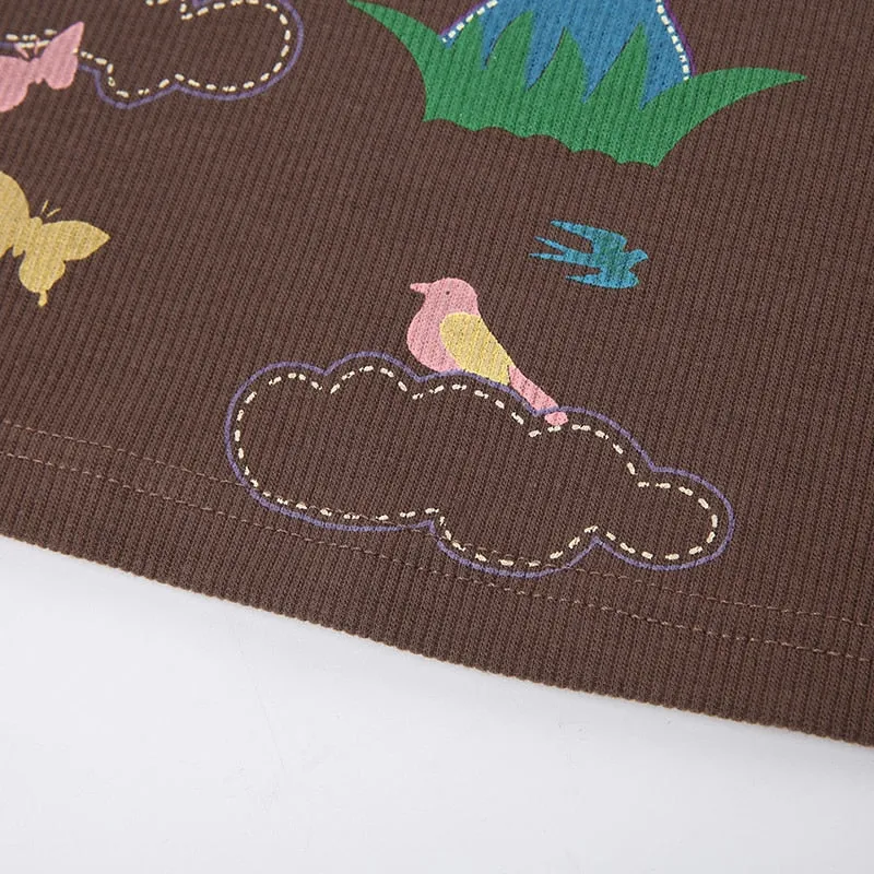 Vintage Brown  Print Ribbed Knit Top
