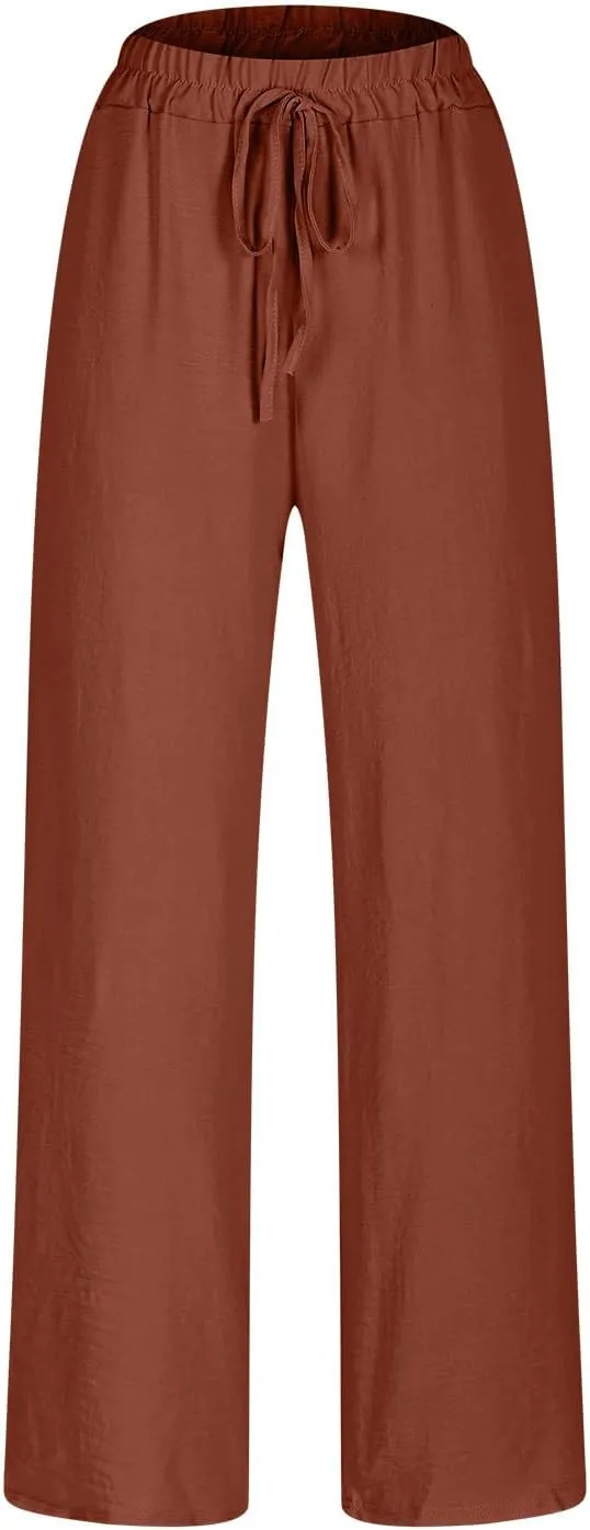 Womens Casual Linen High Waist Pants Drawstring Loose Fit Summer Pants Fashion Solid Color Trousers with Pockets