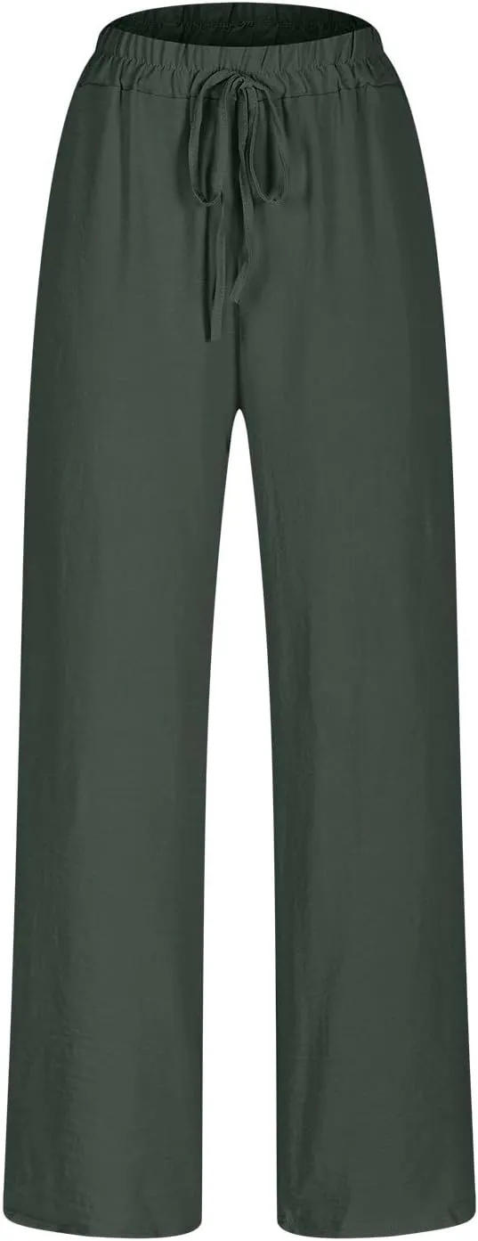 Womens Casual Linen High Waist Pants Drawstring Loose Fit Summer Pants Fashion Solid Color Trousers with Pockets