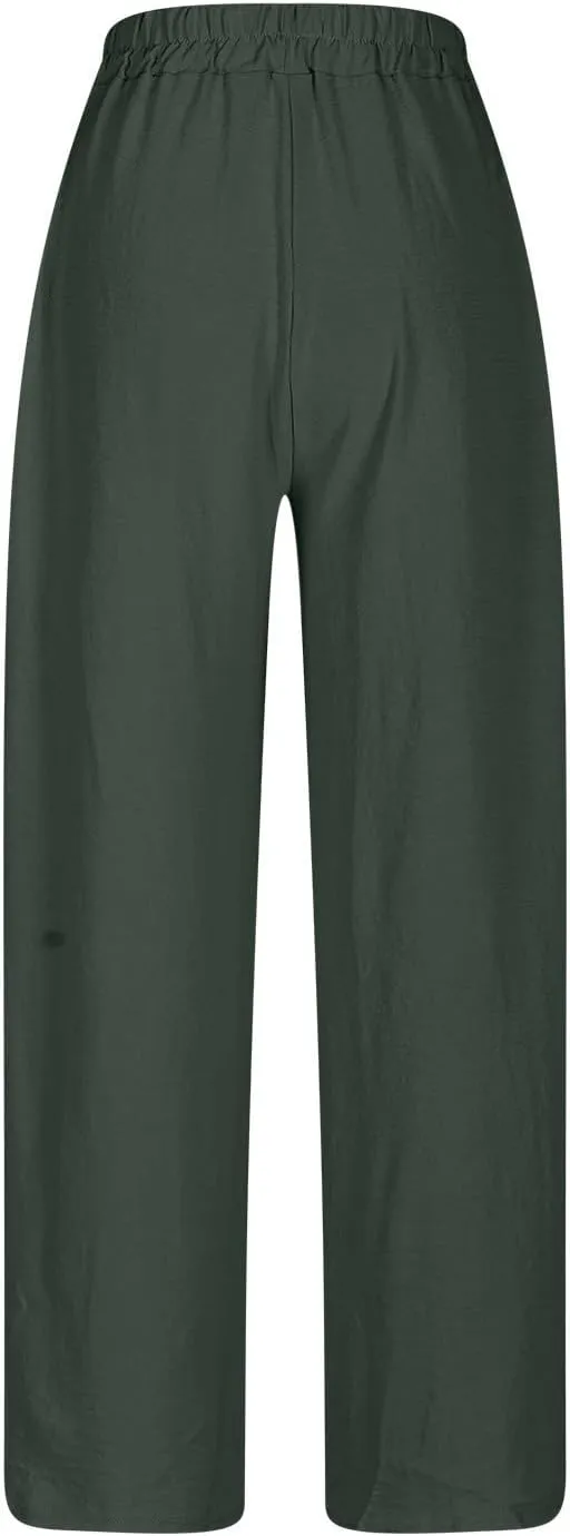 Womens Casual Linen High Waist Pants Drawstring Loose Fit Summer Pants Fashion Solid Color Trousers with Pockets