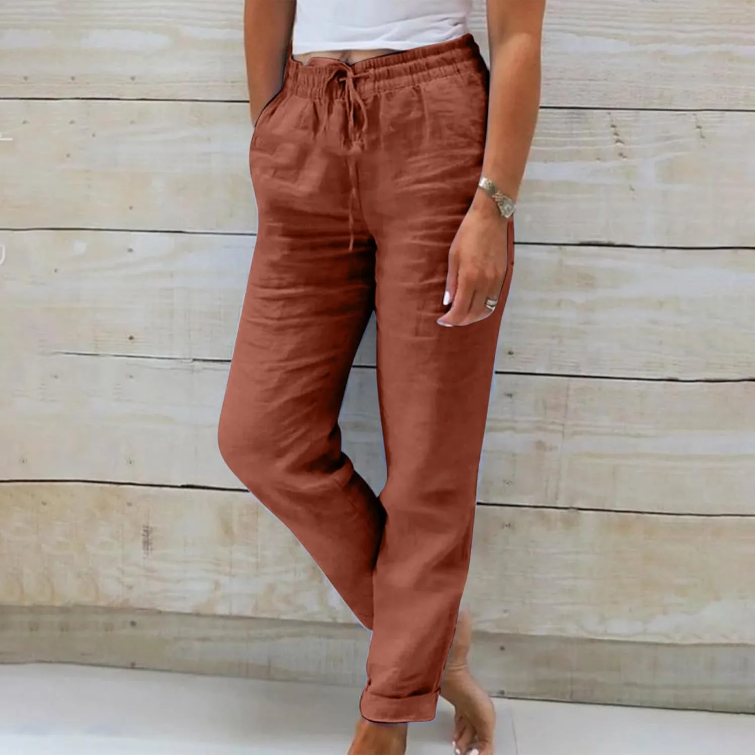 Womens Casual Linen High Waist Pants Drawstring Loose Fit Summer Pants Fashion Solid Color Trousers with Pockets