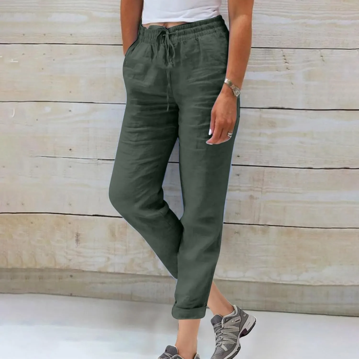 Womens Casual Linen High Waist Pants Drawstring Loose Fit Summer Pants Fashion Solid Color Trousers with Pockets