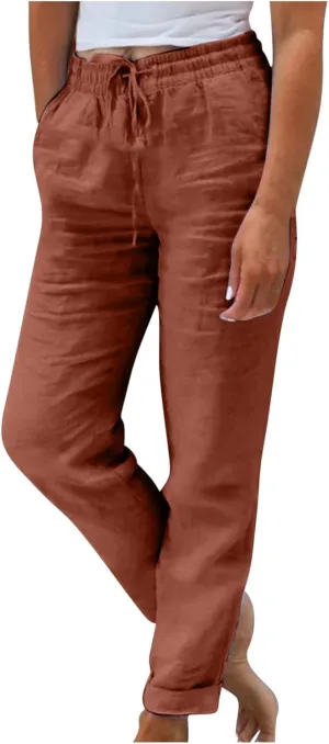 Womens Casual Linen High Waist Pants Drawstring Loose Fit Summer Pants Fashion Solid Color Trousers with Pockets