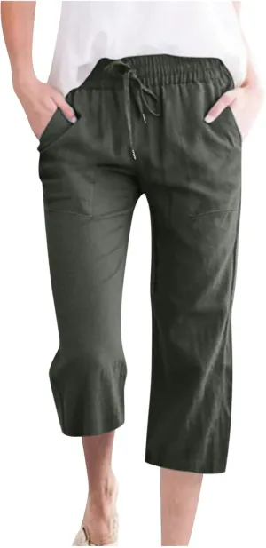 Womens Casual Linen Pants 2025 Spring Drawstring Elastic Waist Trousers with Pockets Fashion Capri Pants Clothing