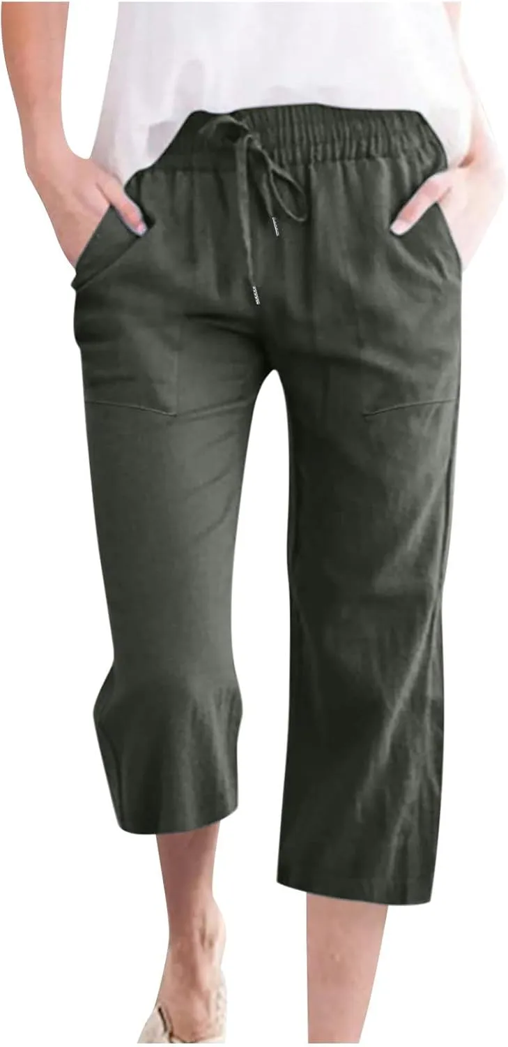 Womens Casual Linen Pants 2025 Spring Drawstring Elastic Waist Trousers with Pockets Fashion Capri Pants Clothing