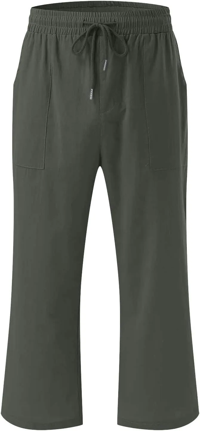 Womens Casual Linen Pants 2025 Spring Drawstring Elastic Waist Trousers with Pockets Fashion Capri Pants Clothing