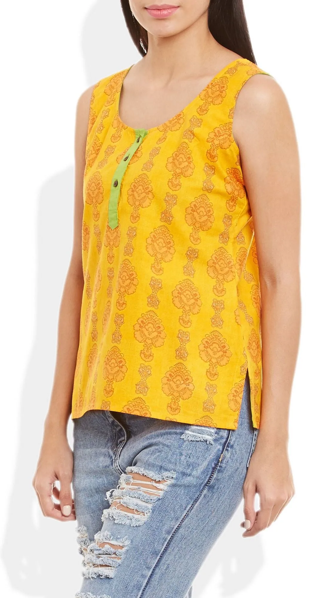 Womens Cotton Printed Short Top Kurti Sleeveless With Contrast Placket And Buttons,4X-Large,W-CST44-3124