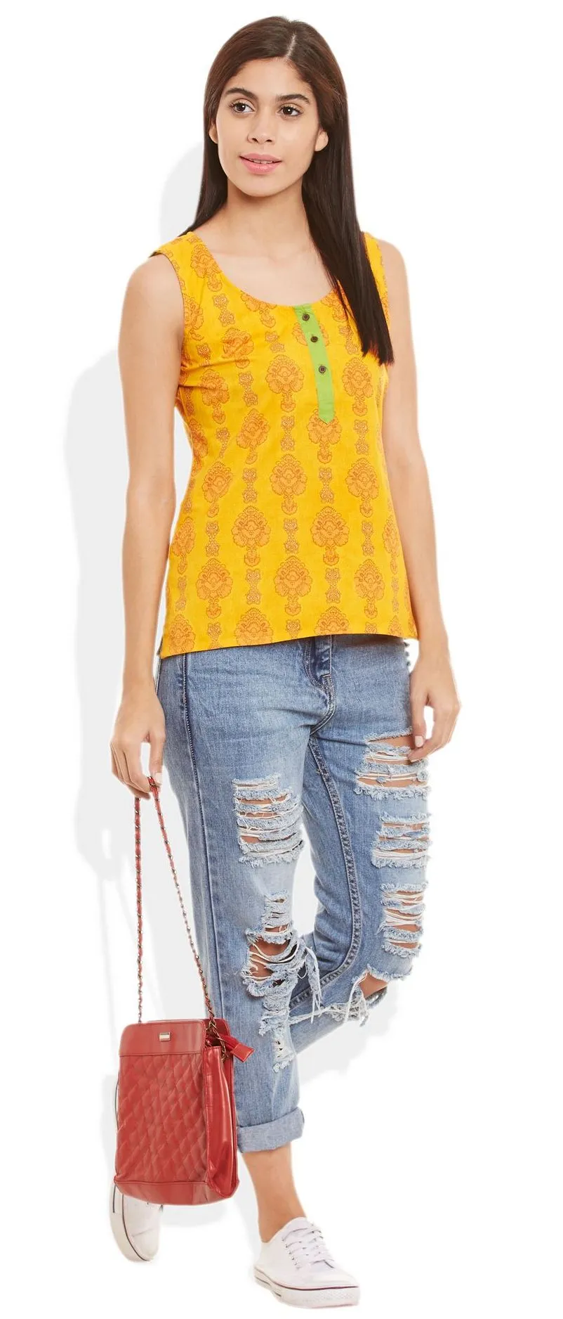Womens Cotton Printed Short Top Kurti Sleeveless With Contrast Placket And Buttons,4X-Large,W-CST44-3124