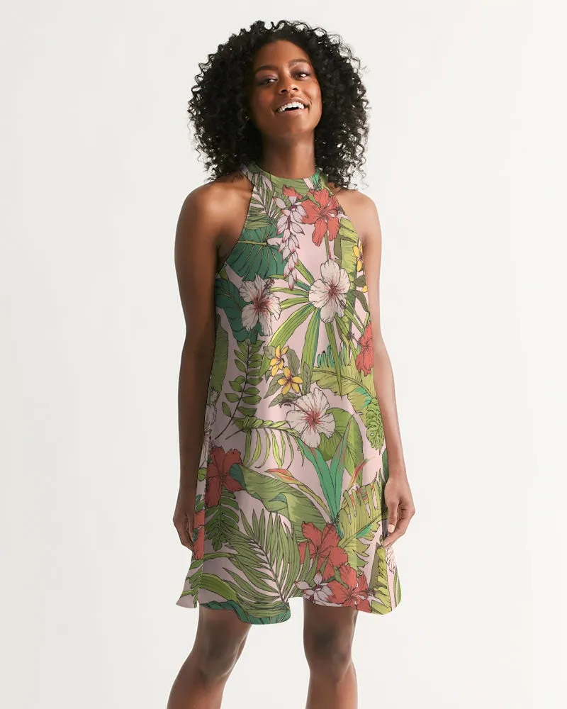Women's Halter Dress, Vintage Tropical Floral