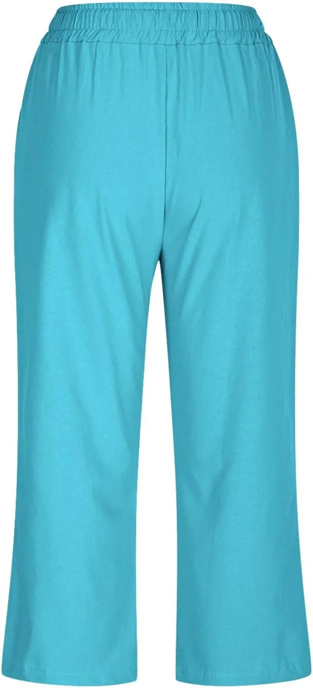 Women's Linen Capri Pants High Waist Drawstring Comfy Casual Pants Summer Plus Size Loose Trousers with Pockets