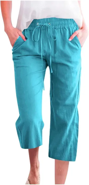 Women's Linen Capri Pants High Waist Drawstring Comfy Casual Pants Summer Plus Size Loose Trousers with Pockets