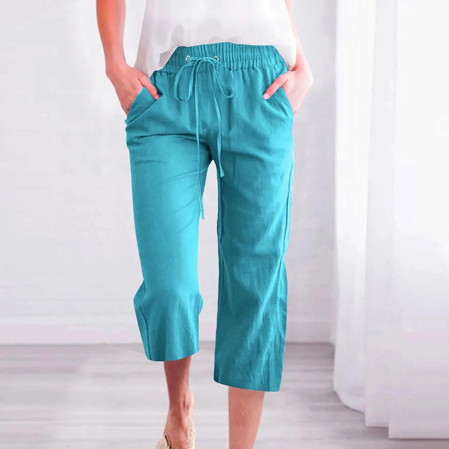 Women's Linen Capri Pants High Waist Drawstring Comfy Casual Pants Summer Plus Size Loose Trousers with Pockets