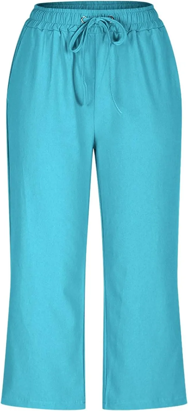 Women's Linen Capri Pants High Waist Drawstring Comfy Casual Pants Summer Plus Size Loose Trousers with Pockets