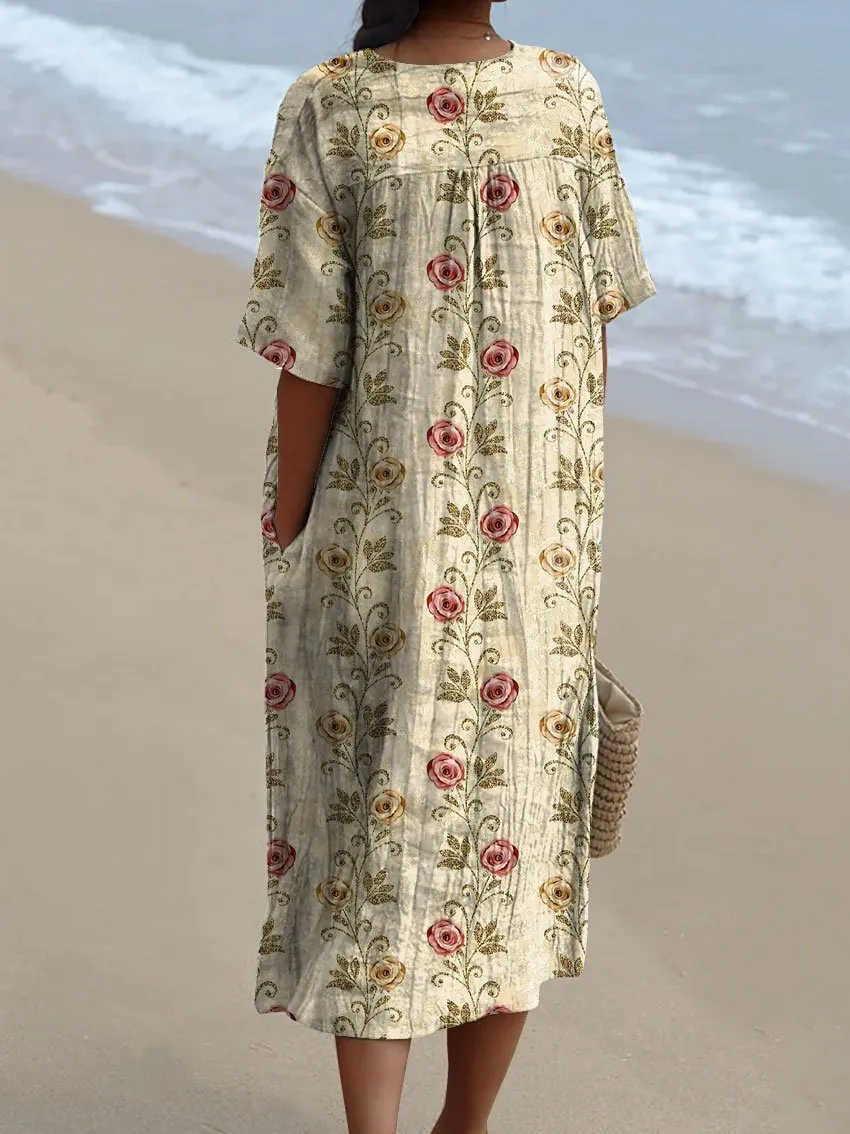 Women's Rose Art Print Flowy Dress