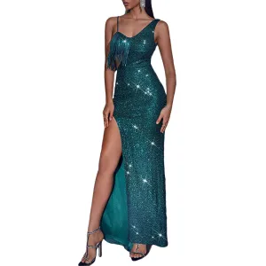 Women's Shiny Sequins Maxi Dress Split Spaghetti Green Bodycon