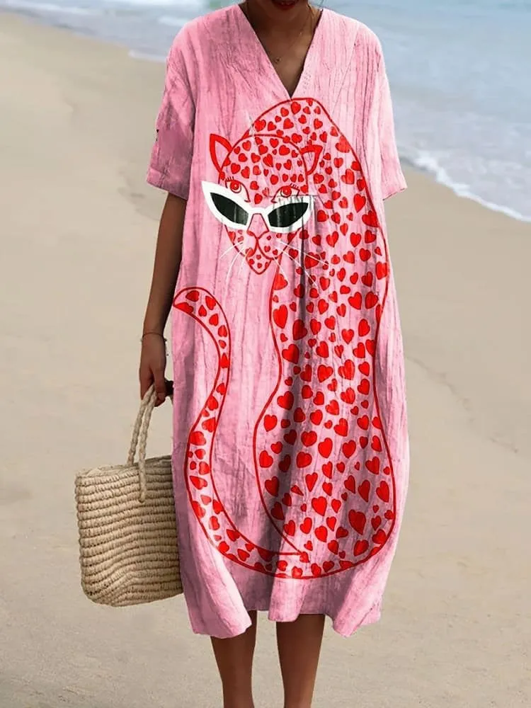 Women's Vintage Pink Cheetah Art Print Flowy Dress