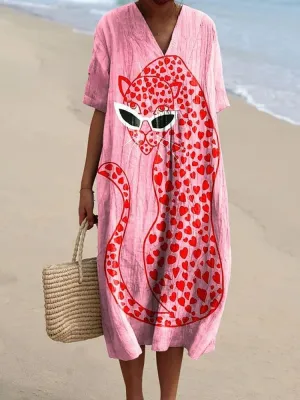 Women's Vintage Pink Cheetah Art Print Flowy Dress