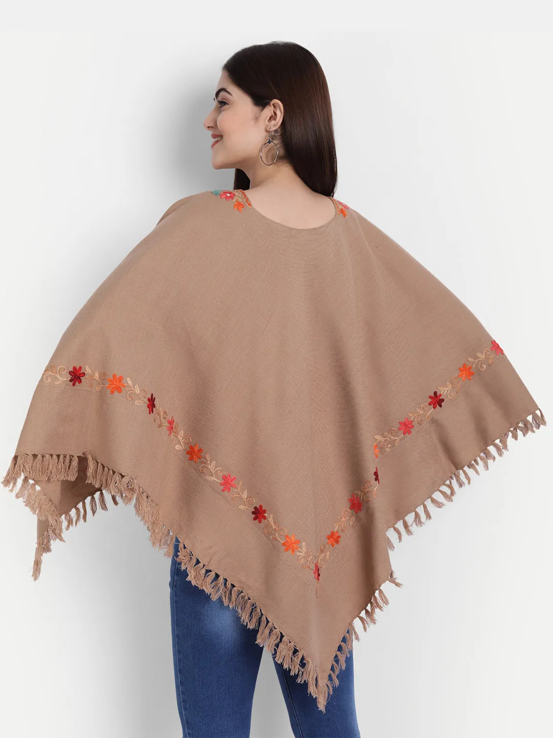 Woollen Poncho with Kashmiri Embroidery and Silk Lining | Brown