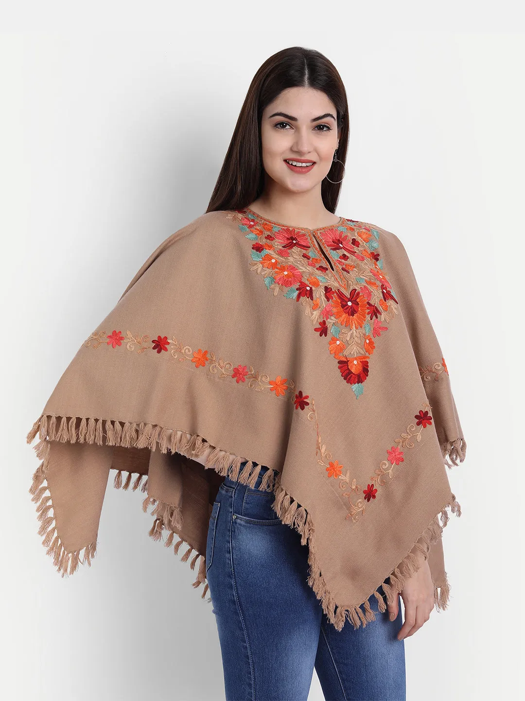 Woollen Poncho with Kashmiri Embroidery and Silk Lining | Brown