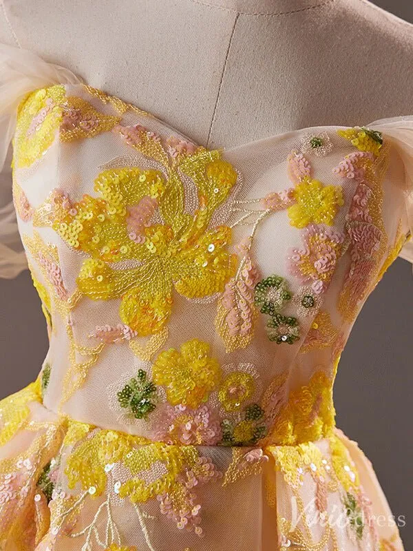Yellow Sequin Lace Homecoming Dress Off the Shoulder Hoco 2024 Graduation Dress 8017