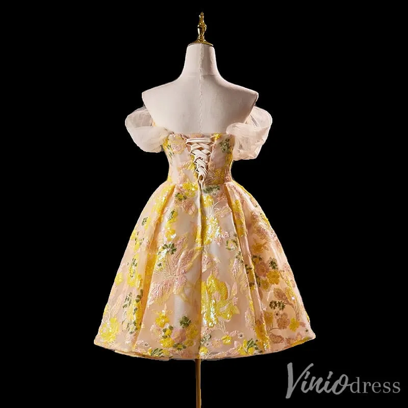 Yellow Sequin Lace Homecoming Dress Off the Shoulder Hoco 2024 Graduation Dress 8017