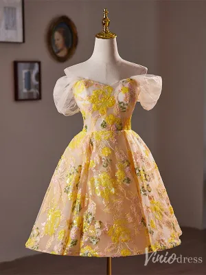Yellow Sequin Lace Homecoming Dress Off the Shoulder Hoco 2024 Graduation Dress 8017