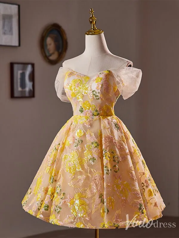 Yellow Sequin Lace Homecoming Dress Off the Shoulder Hoco 2024 Graduation Dress 8017