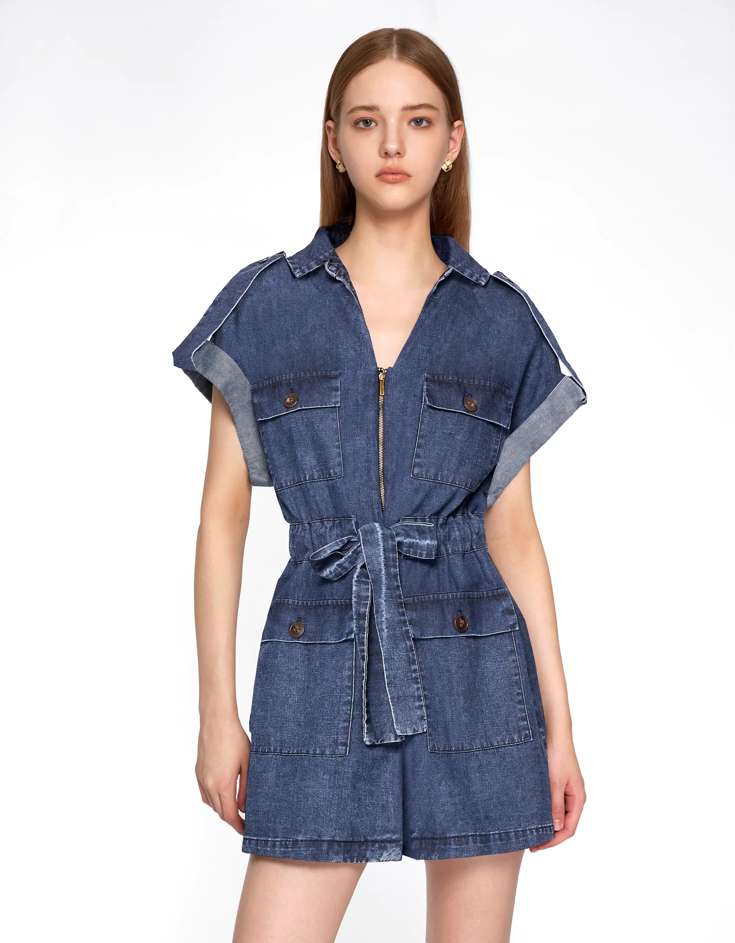 Zip Up Self Tie Waist Denim Romper