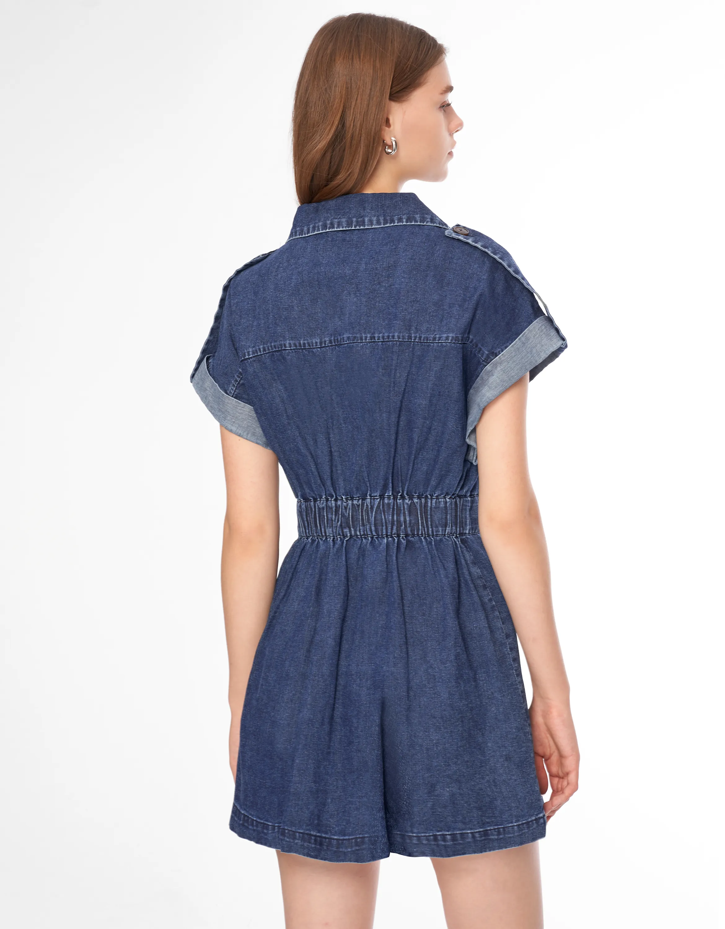 Zip Up Self Tie Waist Denim Romper