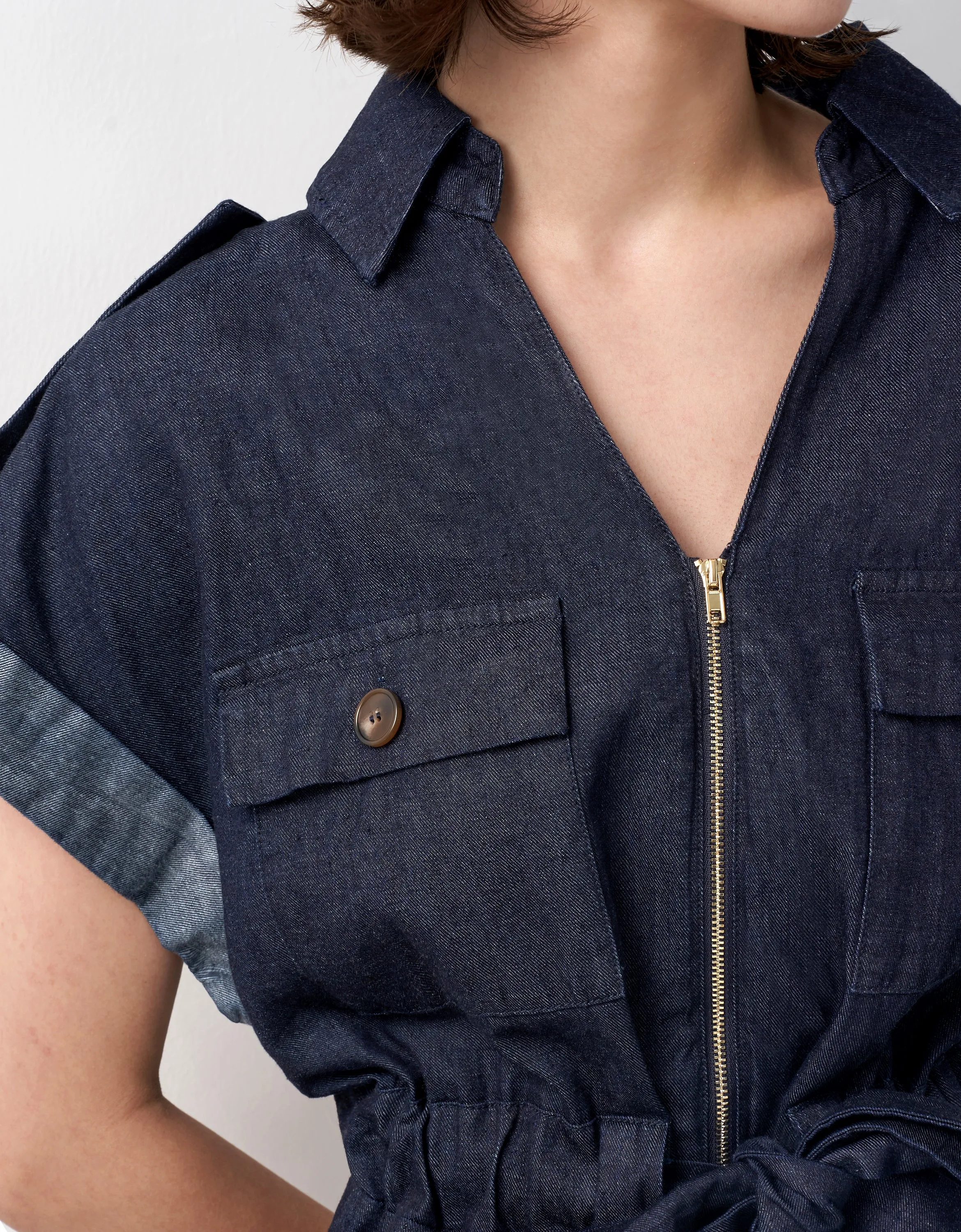 Zip Up Self Tie Waist Denim Romper
