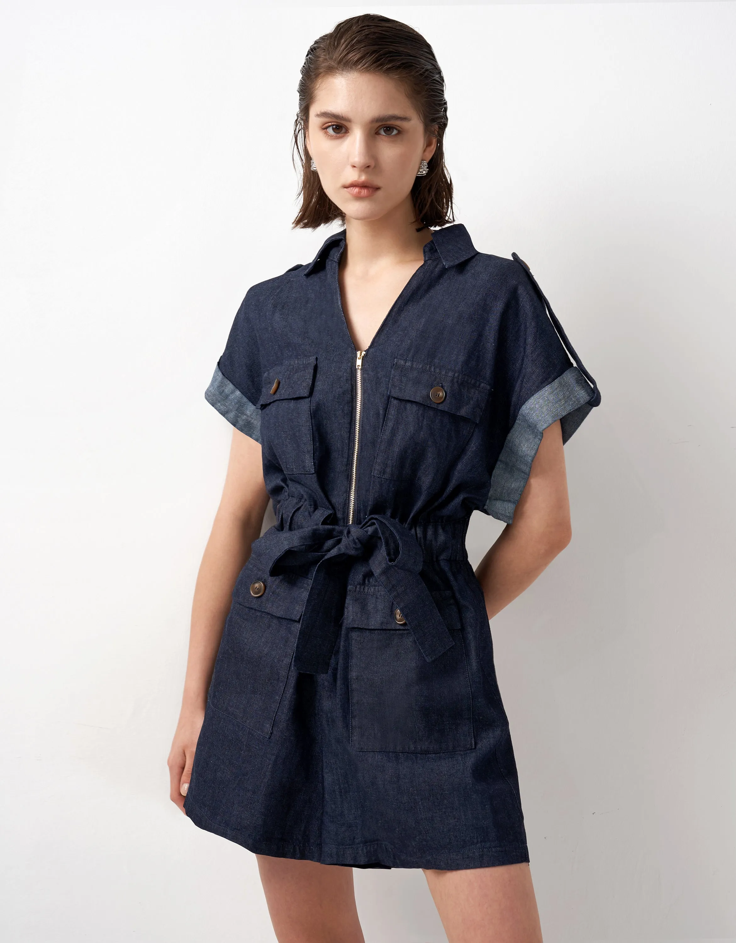 Zip Up Self Tie Waist Denim Romper