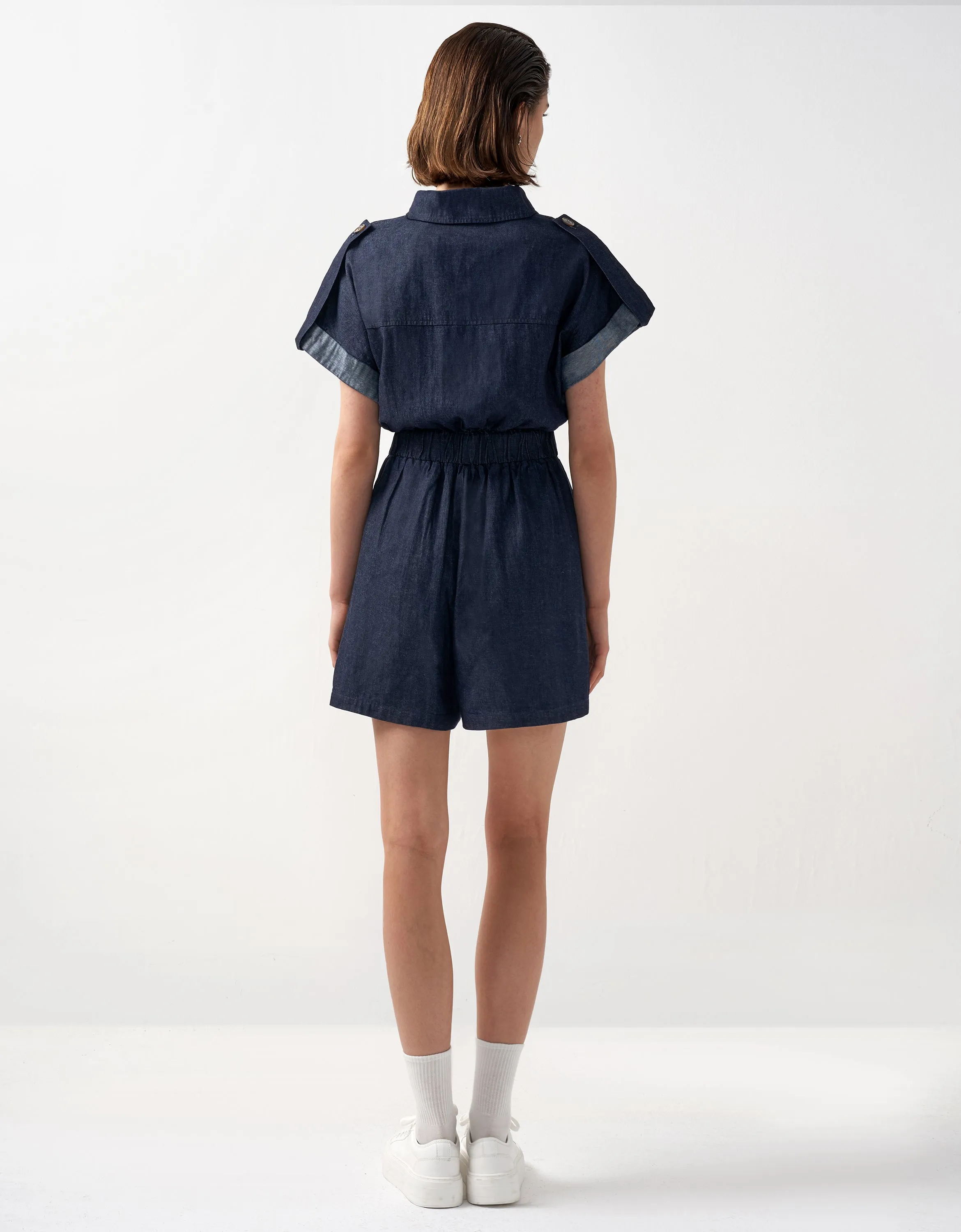 Zip Up Self Tie Waist Denim Romper