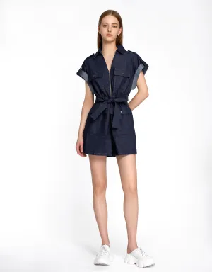 Zip Up Self Tie Waist Denim Romper