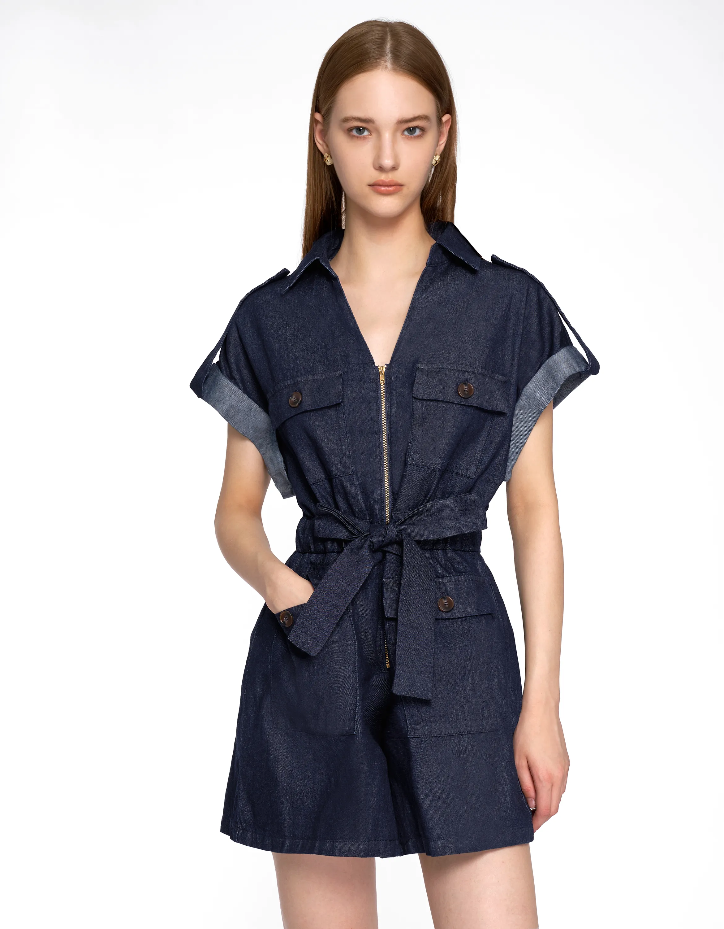 Zip Up Self Tie Waist Denim Romper