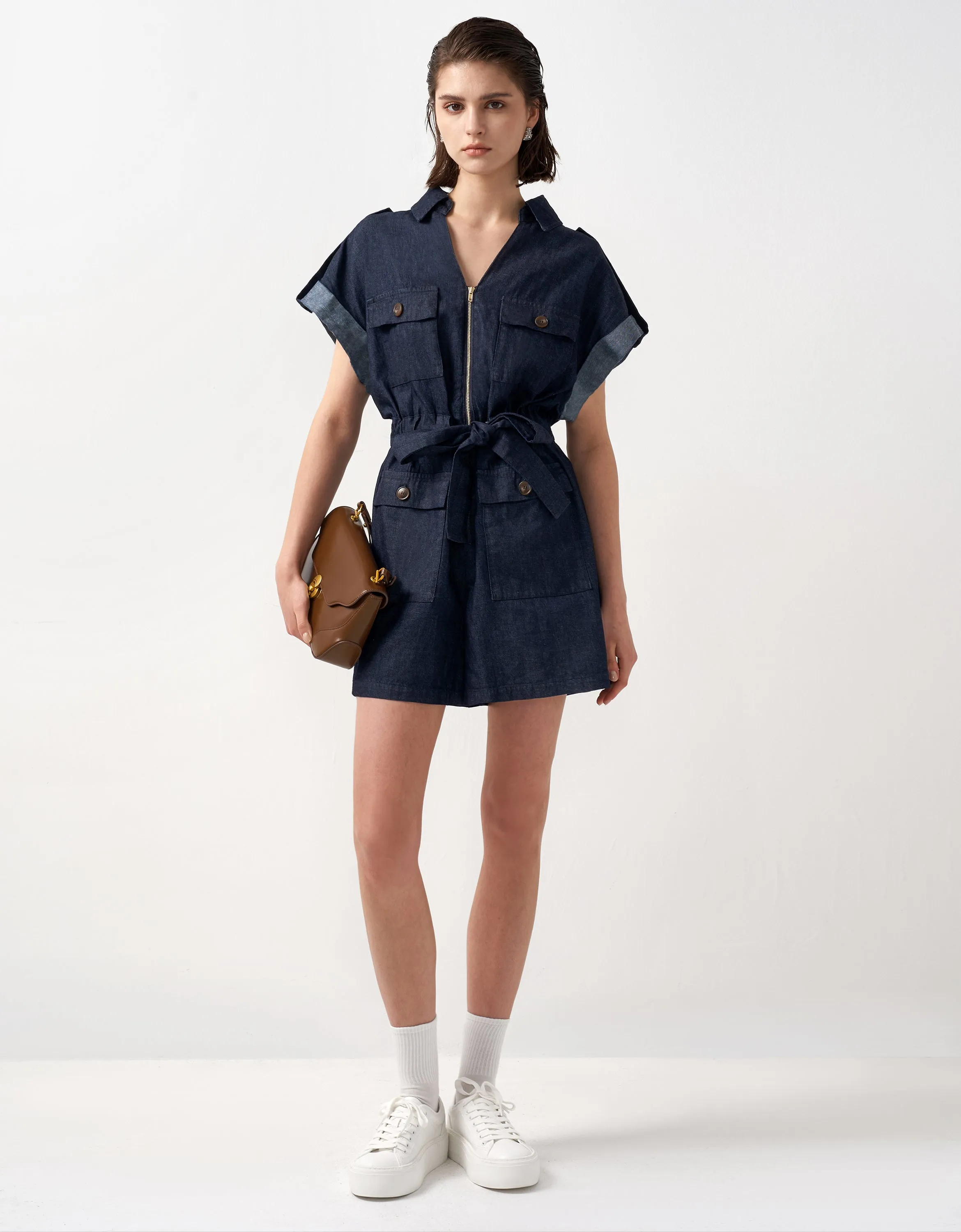 Zip Up Self Tie Waist Denim Romper